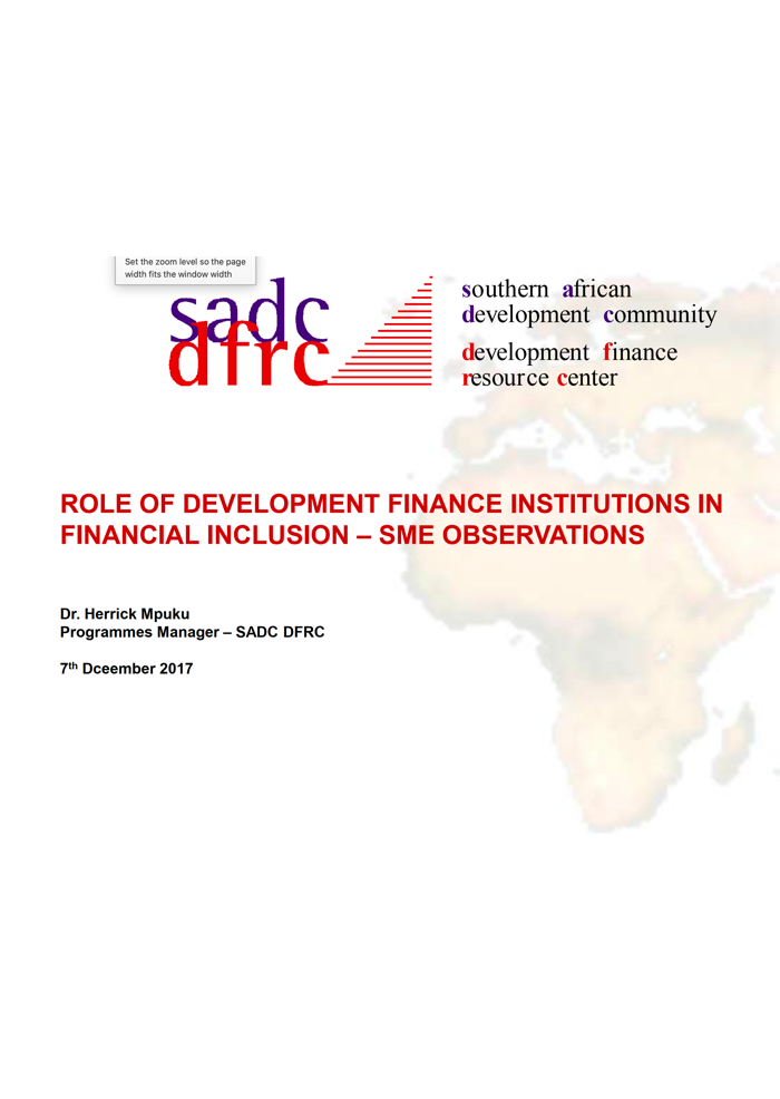 Role of Development Finance Institutions in Financial Inclusion – SME Observations